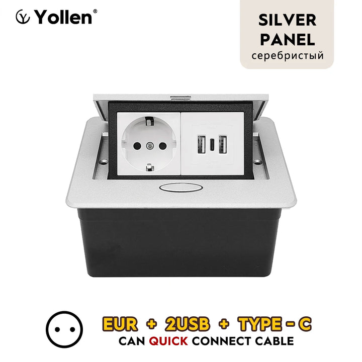 Metal Panel EUR Version RU Table Socket 2Outlet 2USB A Or C Option Office Kitchen Cabinet Desktop Hidden Type 16A Power Module