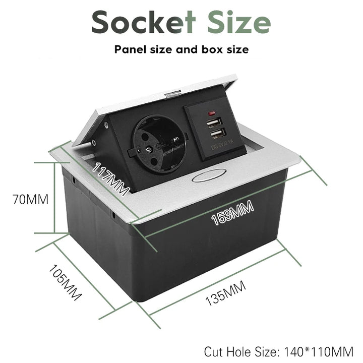 Metal Panel EUR Version RU Table Socket 2Outlet 2USB A Or C Option Office Kitchen Cabinet Desktop Hidden Type 16A Power Module