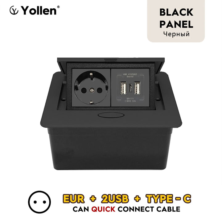 Metal Panel EUR Version RU Table Socket 2Outlet 2USB A Or C Option Office Kitchen Cabinet Desktop Hidden Type 16A Power Module
