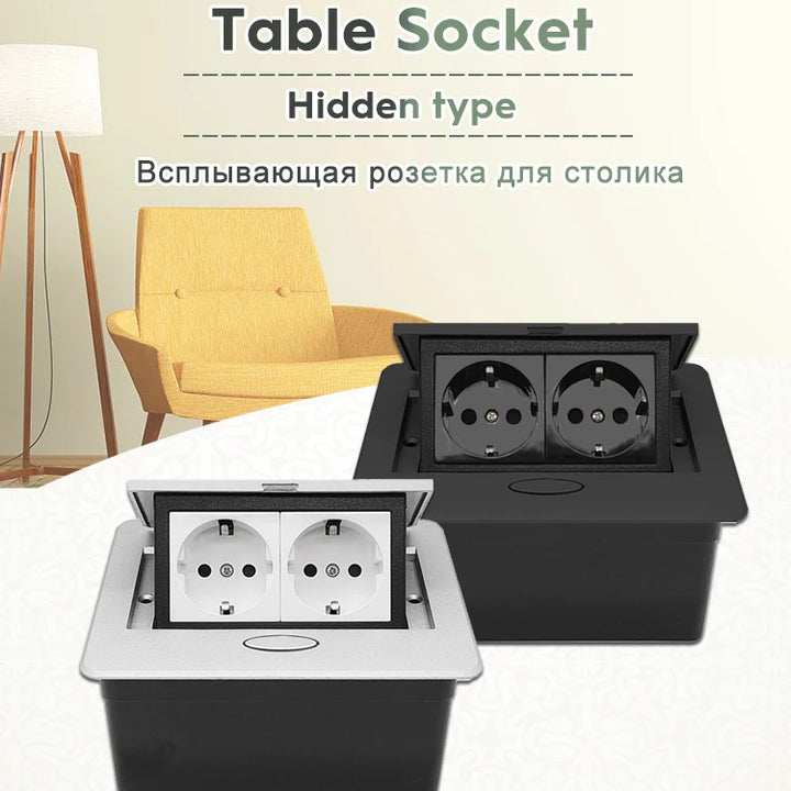 Metal Panel EUR Version RU Table Socket 2Outlet 2USB A Or C Option Office Kitchen Cabinet Desktop Hidden Type 16A Power Module